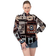 Retro Cameras Old Vintage Antique Technology Wallpaper Retrospective High Neck Long Sleeve Chiffon Top