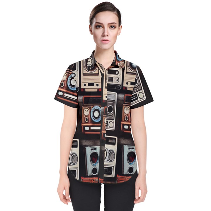 Retro Cameras Old Vintage Antique Technology Wallpaper Retrospective Women s Short Sleeve Shirt