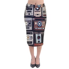 Retro Cameras Old Vintage Antique Technology Wallpaper Retrospective Velvet Midi Pencil Skirt by Grandong