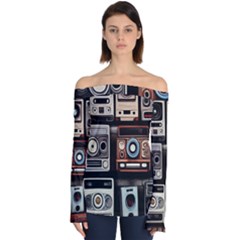 Retro Cameras Old Vintage Antique Technology Wallpaper Retrospective Off Shoulder Long Sleeve Top by Grandong