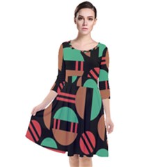 Abstract Geometric Pattern Quarter Sleeve Waist Band Dress