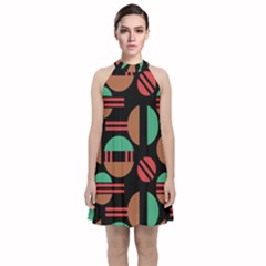 Abstract Geometric Pattern Velvet Halter Neckline Dress 