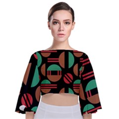 Abstract Geometric Pattern Tie Back Butterfly Sleeve Chiffon Top