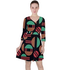 Abstract Geometric Pattern Quarter Sleeve Ruffle Waist Dress