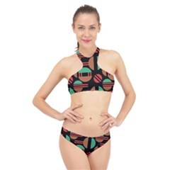 Abstract Geometric Pattern High Neck Bikini Set