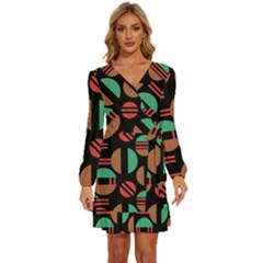 Abstract Geometric Pattern Long Sleeve Waist Tie Ruffle Velvet Dress