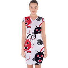 Cat Little Ball Animal Capsleeve Drawstring Dress 