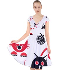 Cat Little Ball Animal Cap Sleeve Front Wrap Midi Dress