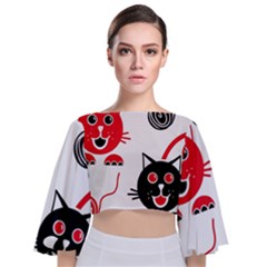 Cat Little Ball Animal Tie Back Butterfly Sleeve Chiffon Top