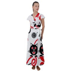 Cat Little Ball Animal Flutter Sleeve Maxi Dress