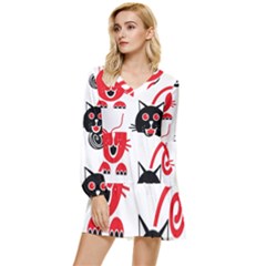 Cat Little Ball Animal Tiered Long Sleeve Mini Dress