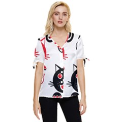 Cat Little Ball Animal Bow Sleeve Button Up Top