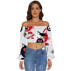 Cat Little Ball Animal Long Sleeve Crinkled Weave Crop Top