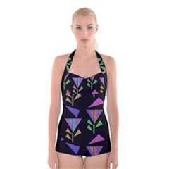 Abstract Pattern Flora Flower Boyleg Halter Swimsuit 