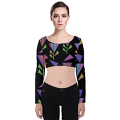 Abstract Pattern Flora Flower Velvet Long Sleeve Crop Top