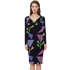 Abstract Pattern Flora Flower Long Sleeve V-neck Bodycon Dress 