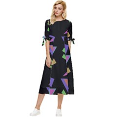 Abstract Pattern Flora Flower Bow Sleeve Chiffon Midi Dress