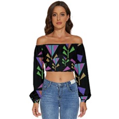 Abstract Pattern Flora Flower Long Sleeve Crinkled Weave Crop Top