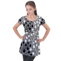 Abstract Nature Black White Puff Sleeve Tunic Top