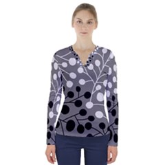 Abstract Nature Black White V-neck Long Sleeve Top