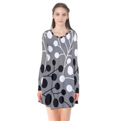 Abstract Nature Black White Long Sleeve V-neck Flare Dress