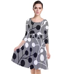 Abstract Nature Black White Quarter Sleeve Waist Band Dress