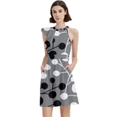 Abstract Nature Black White Cocktail Party Halter Sleeveless Dress With Pockets