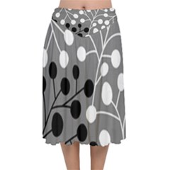 Abstract Nature Black White Velvet Flared Midi Skirt