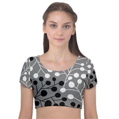 Abstract Nature Black White Velvet Short Sleeve Crop Top 