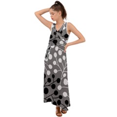 Abstract Nature Black White V-neck Chiffon Maxi Dress