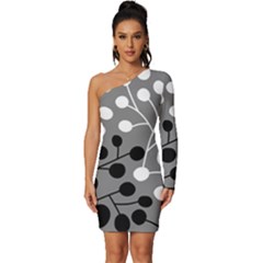 Abstract Nature Black White Long Sleeve One Shoulder Mini Dress