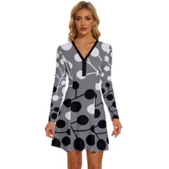 Abstract Nature Black White Long Sleeve Deep V Mini Dress 