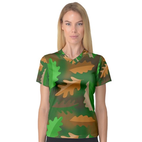 Leaves Foliage Pattern Oak Autumn V-neck Sport Mesh T-shirt by Maspions