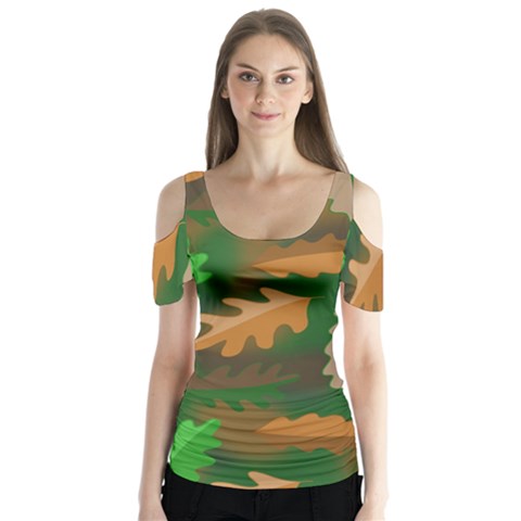 Leaves Foliage Pattern Oak Autumn Butterfly Sleeve Cutout T-shirt  by Maspions