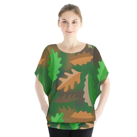 Leaves Foliage Pattern Oak Autumn Batwing Chiffon Blouse by Maspions