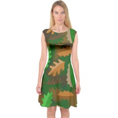 Leaves Foliage Pattern Oak Autumn Capsleeve Midi Dress