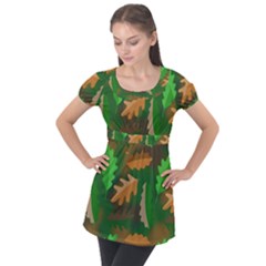 Leaves Foliage Pattern Oak Autumn Puff Sleeve Tunic Top