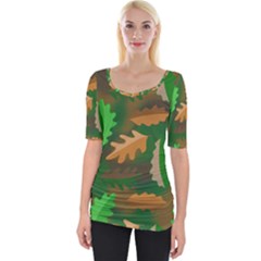 Leaves Foliage Pattern Oak Autumn Wide Neckline T-shirt