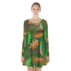 Leaves Foliage Pattern Oak Autumn Long Sleeve Velvet V-neck Dress