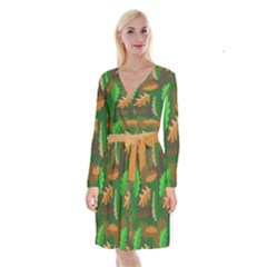 Leaves Foliage Pattern Oak Autumn Long Sleeve Velvet Front Wrap Dress