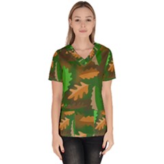 Leaves Foliage Pattern Oak Autumn Women s V-neck Scrub Top by Maspions