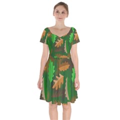 Leaves Foliage Pattern Oak Autumn Short Sleeve Bardot Dress