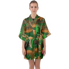 Leaves Foliage Pattern Oak Autumn Half Sleeve Satin Kimono 