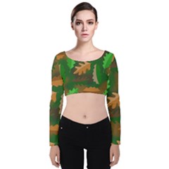 Leaves Foliage Pattern Oak Autumn Velvet Long Sleeve Crop Top by Maspions