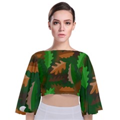 Leaves Foliage Pattern Oak Autumn Tie Back Butterfly Sleeve Chiffon Top by Maspions