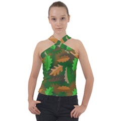 Leaves Foliage Pattern Oak Autumn Cross Neck Velour Top by Maspions