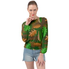 Leaves Foliage Pattern Oak Autumn Banded Bottom Chiffon Top by Maspions