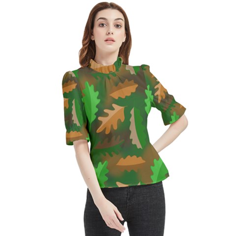 Leaves Foliage Pattern Oak Autumn Frill Neck Blouse by Maspions