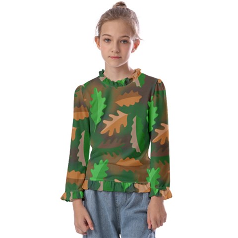 Leaves Foliage Pattern Oak Autumn Kids  Frill Detail T-shirt by Maspions