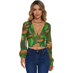 Leaves Foliage Pattern Oak Autumn Long Sleeve Deep-v Velour Top by Maspions